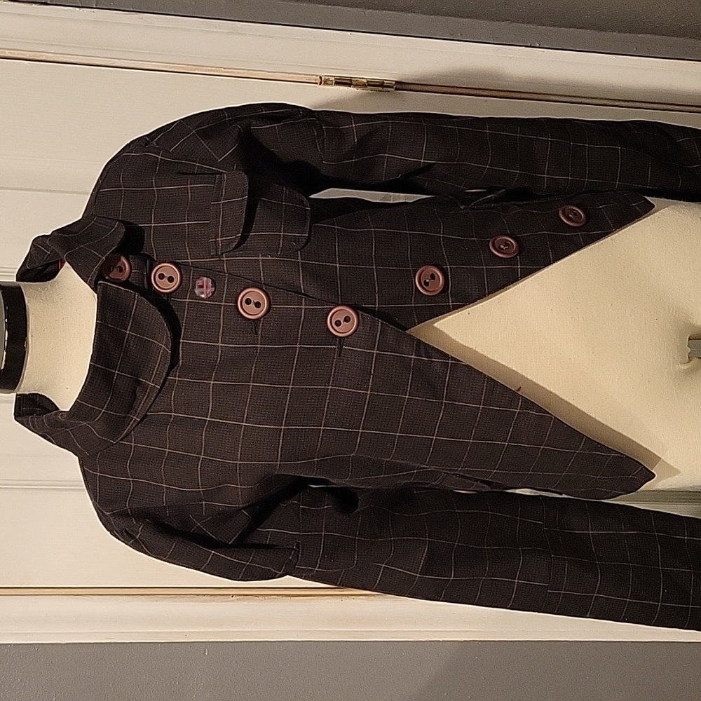 DC Women's Large Y2K Assymetrical button Puff Sleeve Brown Plaid Blazer